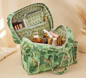 Jungle Safari Cotton Cosmetic Bag Set Green Leopard Print Bohemian Style Eco-Friendly Zipper Closure Travel <b>Makeup</b> Tote Washable - Product Image 3
