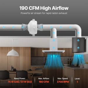 Sistema di Ventilazione Silenzioso per Mitigazione Radon 190 CFM, Ventilatore Radon Impermeabile da 4-4,5 Pollici con Telecomando Elettrico, 2 Accoppiatori Inclusi - Product Image 3