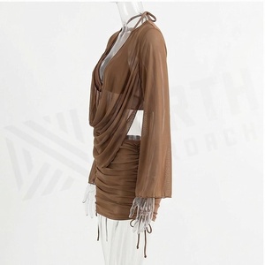 Traje de baño de gasa para mujer, cuello en V profundo, drapeado, manga larga, color liso, elástico, ropa de playa - Product Image 3