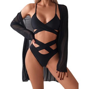 Conjunto de bikini sexy de cintura alta con tiras y estampado animal para mujer, microbra con cristales y diseño hueco entrecruzado, ropa de playa OEM ODM - Product Image 5