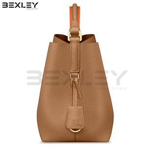 2026 Durable New Arrival <b>Tan</b> Brown Textured With Curved Top Opening Contrast Handle Gold Tone Woven <b>Leather</b> <b>Handbags</b> - Product Image 5