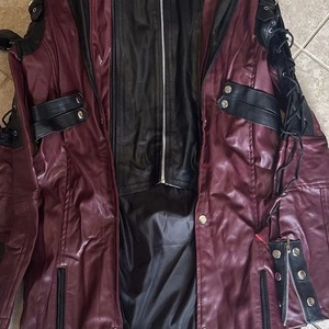 Men's Gothic Steampunk Faux Leather Windproof Trench Coat Maroon <b>Zip</b> <b>up</b> <b>Jacket</b> Lace <b>up</b> Sleeve Front Logo Costume - Product Image 5