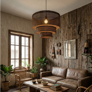 Rustic Dark Brown 3-Tier Wicker Pendant <b>Light</b> Cover Natural Woven <b>Bamboo</b> Ceiling Lamp <b>Shade</b> Wholesale for Living Room - Product Image 3