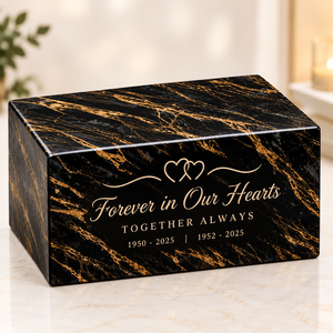 Urna Funeraria Doble Personalizada de Madera de Mango Negra con Patrón de Mármol, Grabada a Medida, de 200 Pulgadas Cúbicas, para Cenizas de Dos Personas - Product Image 1