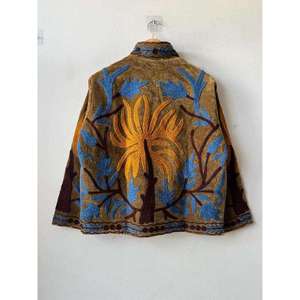 Premium Brown <b>Velvet</b> Embroidered Suzani <b>Jacket</b> With Floral Pattern Stand Collar Full Sleeve Autumn Women's Outerwear - Product Image 5