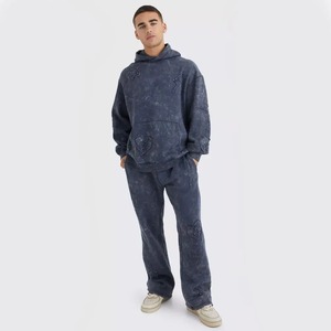 Survêtement d'hiver unisexe personnalisé en molleton 100% coton respirant, délavé à l'acide, style streetwear vintage, avec sweat à capuche appliqué et pantalon à jambe large uni - Product Image 3