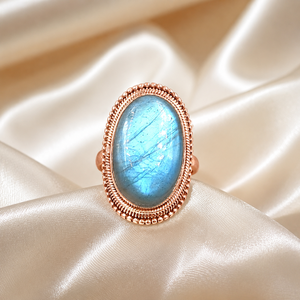 Natural Oval Labradorite Statement <b>Cocktail</b> <b>Ring</b> 925 Sterling Silver Handmade Boho Artisan Rose <b>Gold</b> & Yellow <b>Gold</b> Plated - Product Image 3