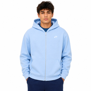 Sweat-shirts à capuche zippés bleu clair premium pour hommes, en molleton bouclette, coupe classique, couleur unie, logo personnalisé, décontracté, automne-hiver, vente en gros - Product Image 1