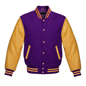 Veste universitaire pour homme en violet doré avec manches en cuir véritable, col rabattu, style preppy, coupe classique, couleur unie, vêtement d'hiver - Product Image 2