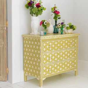 Commode artisanale moderne à 6 tiroirs en os bleu incrusté, écologique, élégante, pour chambre et salon, motif floral - Product Image 3