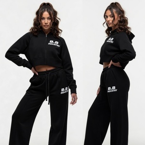 Ensemble de survêtement pour femme en molleton de coton doux, rose vif, comprenant un sweat à capuche court zippé et un pantalon large, style streetwear confortable - Product Image 4