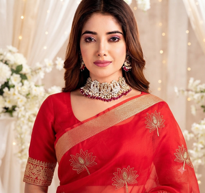 <b>Red</b> Cotton <b>Saree</b> Gold Embroidery Traditional Wedding Wear for Women India Pakistan Style Floor-Length Regular Fit Sun Protection - Product Image 2