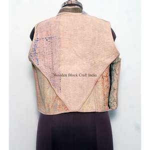 เสื้อกั๊กคันธาทำมือแบบดั้งเดิม ลายปะติดปะต่อ ผ้าฝ้ายถัก ระบายอากาศได้ดี เสื้อแจ็คเก็ตคอวีสำหรับผู้หญิง ติดกระดุมแบบปกปิด - Product Image 5