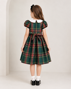 Vestido clásico a cuadros para niñas con cuello Peter Pan y ribete de encaje |   Elegante Vestido para Fiesta Navideña - Product Image 5