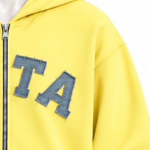 Sweat-shirt à capuche zippé pour homme, jaune clair personnalisé, avec patch lettre en chenille, en molleton épais, coupe oversize, style streetwear décontracté - Product Image 6