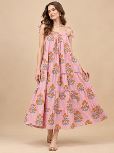 Pink Floral Print <b>Maxi</b> <b>Dress</b> Spaghetti <b>Strap</b> A-Line Boho Summer Casual Loose Tiered Woven Cotton <b>Dress</b> - Product Image 1