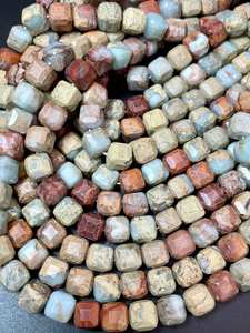 ลูกปัดหินแจสเปอร์เดนทริกธรรมชาติ รูปทรงลูกบาศก์เหลี่ยมเพชรพลอย สีฟ้าอ่อน เบจ น้ำตาล แดง พลอยคุณภาพสูง - Product Image 3