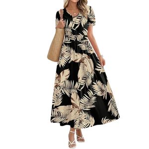 Vestidos Maxi para Mujer, Cuello en V, Vestido Midi Largo, Línea A, Cintura Fruncida, Ropa Casual de Verano y Primavera, Estilo Boho, Playa - Product Image 1