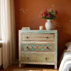 Handcrafted Recycled Wood 3 Drawer <b>Chest</b> Antique Cabinet Carved <b>Storage</b> Drawer Cabinet for Living Room Bedroom - Product Image 3