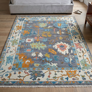 Tapis en laine noué à la main, motif floral classique, gris, bleu, multicolore, rectangulaire, à poils plats, durable, pour la maison - Product Image 2