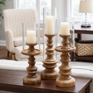 Ensemble de porte-bougies en bois de luxe, porte-bougies en verre, support à bougies pilier haut de gamme, lanterne en bois avec base. - Product Image 5