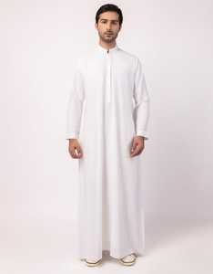Qamis blanc pour homme à manches longues en coton, col montant, longueur ras du sol, tenue de prière modeste, style Moyen-Orient, toutes saisons, couleur unie - Product Image 3