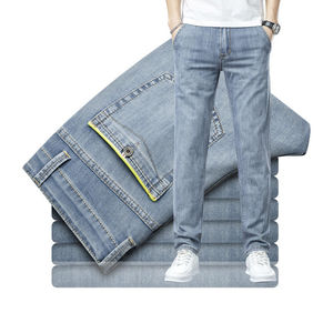 Jeans slim homme de haute qualité, coupe droite, taille mi-haute, en denim extensible, bleu/noir, avec poches boutonnées décoratives, vente en gros - Product Image 5