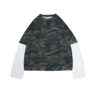 Oversized Camouflage Print Long Sleeve T-Shirt <b>Men</b> Street Style O-Neck Knitted Contrast Trim - Product Image 1