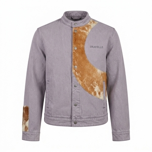 Veste pour homme en denim délavé violet avec patchwork en cuir de vache véritable, col montant, fermeture à boutons-pression, personnalisable - Product Image 1
