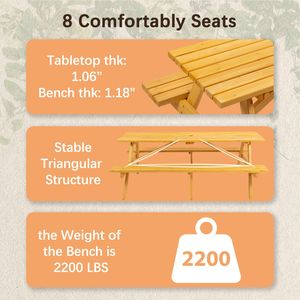 Tavolo da Picnic in Legno Marrone per 8 Persone con 2 Panche Integrate, Capacità 1000kg, per Campeggio, Giardino, Cene all'Aperto e Progetti Fai-da-Te - Product Image 3