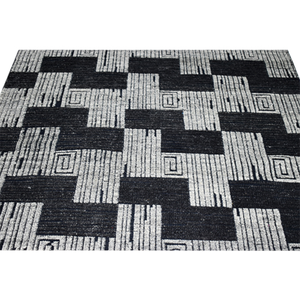 Tapis d'intérieur en laine tissé à la main noir et crème, motif géométrique, style kilim, à poils ras, motif architectural côtelé moderne - Product Image 4