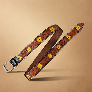 Ceinture équestre en cuir marron avec embossage floral et clous turquoise, boucle argentée - Product Image 6