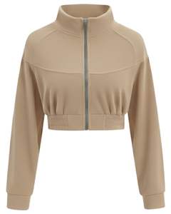 Chaqueta de Forro Polar Corta Beige Personalizada para Mujer, Sudadera Deportiva Informal con Cierre, Manga Larga, Ligera, Logotipo Personalizado, Proveedor OEM - Product Image 1