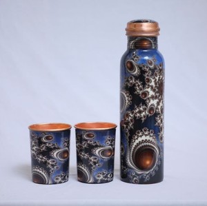 Handcrafted Multicolored Vintage <b>Rose</b> Floral Printed <b>Pure</b> Copper <b>Water</b> Bottle Set with 2 Matching Tumblers for Home and Office - Product Image 2