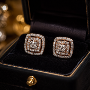 Élégantes boucles d'oreilles clous en or rose 14 carats avec diamants carrés taille coussin, halo superposé, bijoux raffinés pour femme, cadeau de mariage nuptial - Product Image 2