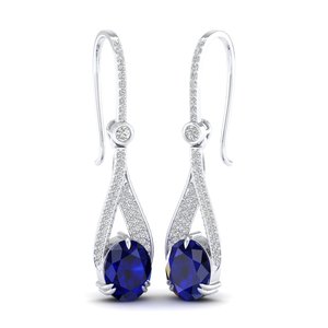 REYES Sparkling 14K White Gold Oval Cut 4.84 Carat Blue Sapphire Gemstone Drop <b>Earrings</b> IGI Certified <b>Diamond</b> <b>Dangle</b> Jewelry - Product Image 1