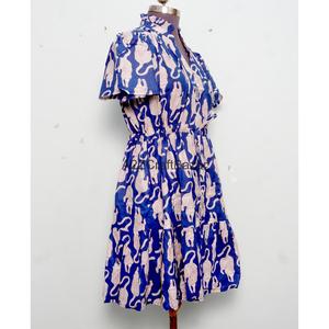 Robe Courte Femme 100% Coton Tricotée Col V Manches Courtes Taille Haute Coupe Évasée Imprimé Floral Numérique Lavable Respirante Idéale Bureau - Product Image 5