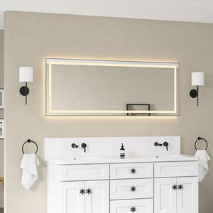 Specchio da Bagno a LED da Parete 72 x 28 Pollici con Cornice in Alluminio, Retroilluminazione e Illuminazione Frontale, Antiappannamento, Memoria 3, Specchio per Vanità - Product Image 1