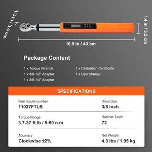 Kit Chiave Dinamometrica Digitale da 3/8'' con Intervallo 3.7-37ft.lb/5-50n.m, Precisione 2%, Strumento Elettronico per Riparazioni Auto - Product Image 1