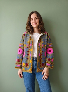 Veste florale brodée pour femme, vêtement d'extérieur en coton vert olive avec broderie folklorique colorée, style bohème ethnique - Product Image 2