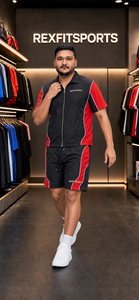 REXFIT SPORTS 2026 Custom Black Red Nylon <b>Short</b> Set Men <b>Zip</b> Up Shirt <b>Shorts</b> Two Piece Sportswear Set Custom Logo Streetwear - Product Image 3