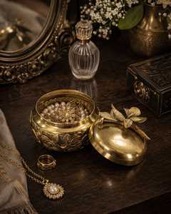 Boîte à bijoux vintage tendance en or avec couvercle floral, rangement pour colliers et bagues, ornement métallique fait main, cadeau décoratif pour mariage - Product Image 1