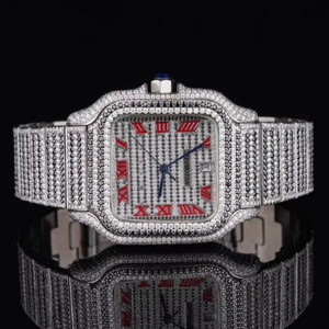 Iced Out Red Roman Numerals <b>Watch</b> Silver Square Automatic Men <b>Mechanical</b> Bust Down Luxury Hip Hop Bling Moissanite <b>Watch</b> - Product Image 1