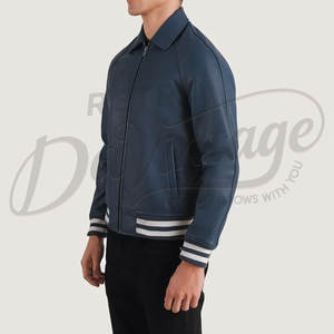 Chaqueta Bomber de Cuero Genuino Azul para Hombre con Cuello Clásico de Camisa y Puños Acanalados a Rayas, Prenda Deportiva de Cuero Completo de Primera Calidad - Product Image 5