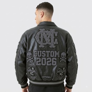 Veste zippée en cuir véritable pour homme, style Letterman, avec patchs brodés en chenille personnalisés, design crânes, col rabattu, style moto - Product Image 6
