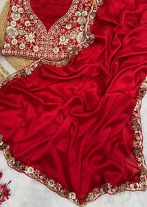 Luxury <b>Red</b> Silk Saree with Floral Embroidery & Sequins Work <b>Blouse</b> | Bridal Wedding Reception Saree for Women - Product Image 3