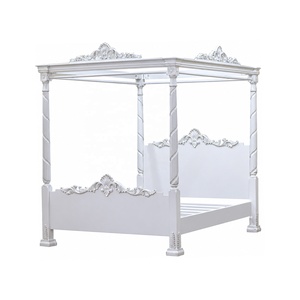 Lit à baldaquin en bois massif d'acajou, style français antique blanc, pour chambre à coucher, lits de style provincial français, taille king - Product Image 1