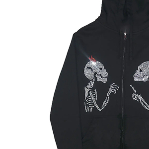 Sudadera con Capucha Negra para Hombre, Diseño de Calaveras con Pedrería, Cierre de Cremallera, Estilo Gótico, Corte Regular, Ropa de Otoño - Product Image 4