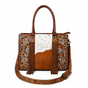 Western Cowhide Leather Tote Bag Hair On Hide Hand Tooled Floral <b>Handbag</b> Boho Shoulder Purse Rustic Ranch Satchel Gift for Women - Product Image 1