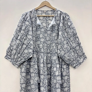 Vestido Casual Midi para Mujer, Tejido 100% Algodón, Estampado Floral Liso, Manga Corta, Cintura Imperio, Estilo Babydoll, Oversize, Cuello en V, Holgado - Product Image 4